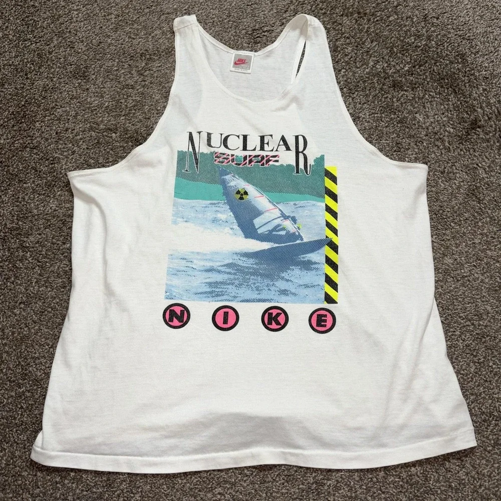 Vintage Nike Shirt Mens XL White Nuclear Surf Graphic Tank Top USA 80s 90s